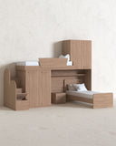 Cameretta a soppalco angolare Sx Lera - Composizione salvaspazio - Vano letto superiore e letto Easy inferiore - 2 armadi integrati - Comodino a due cassetti - Rete e materassi opzionali - Mensola sottoponte opzionale - 7 varianti colore personalizzabile - doomostore