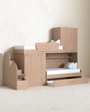 Cameretta a soppalco angolare Sx Taia - Composizione salvaspazio - Vano letto superiore - 2 armadi integrati - Letto attrezzato con cassettone estraibile incluso - Mensola sottoponte inclusa - 7 varianti colore personalizzabile - doomostore
