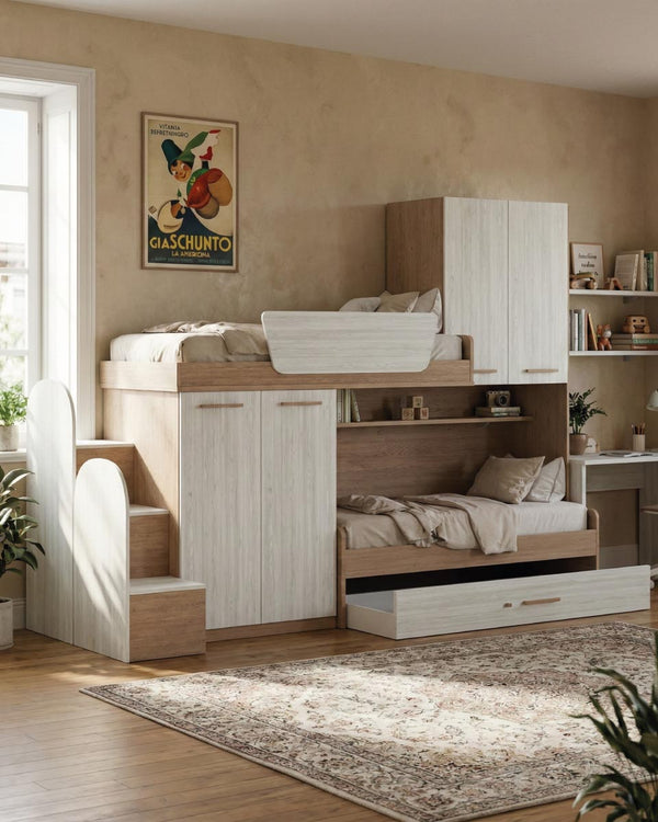 Cameretta a soppalco angolare Sx Taia - Composizione salvaspazio - Vano letto superiore - 2 armadi integrati - Letto attrezzato con cassettone estraibile incluso - Mensola sottoponte inclusa - 7 varianti colore personalizzabile - doomostore