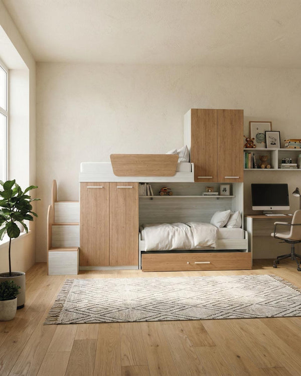 Cameretta a soppalco angolare Sx Taia - Composizione salvaspazio - Vano letto superiore - 2 armadi integrati - Letto attrezzato con cassettone estraibile incluso - Mensola sottoponte inclusa - 7 varianti colore personalizzabile - doomostore