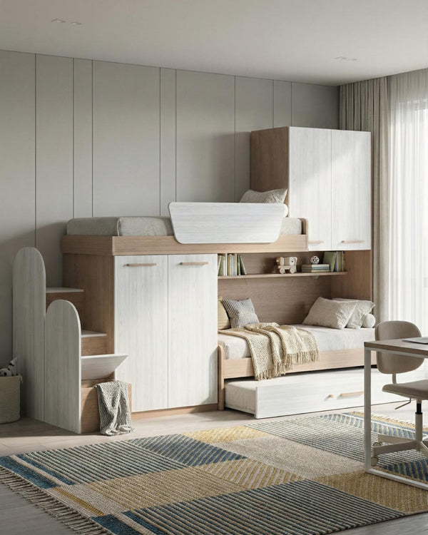 Cameretta a soppalco angolare Sx Aita - Composizione salvaspazio - Vano letto superiore - 2 armadi integrati - Letto estraibile inferiore incluso - Mensola sottoponte inclusa - 7 varianti colore personalizzabile - doomostore