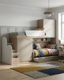 Cameretta a soppalco angolare Sx Aita - Composizione salvaspazio - Vano letto superiore - 2 armadi integrati - Letto estraibile inferiore incluso - Mensola sottoponte inclusa - 7 varianti colore personalizzabile - doomostore