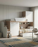 Cameretta a soppalco angolare Sx Aita - Composizione salvaspazio - Vano letto superiore - 2 armadi integrati - Letto estraibile inferiore incluso - Mensola sottoponte inclusa - 7 varianti colore personalizzabile - doomostore