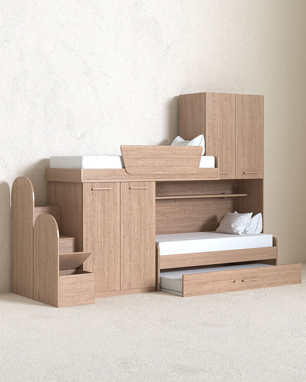 Cameretta a soppalco angolare Sx Aita - Composizione salvaspazio - Vano letto superiore - 2 armadi integrati - Letto estraibile inferiore incluso - Mensola sottoponte inclusa - 7 varianti colore personalizzabile - doomostore