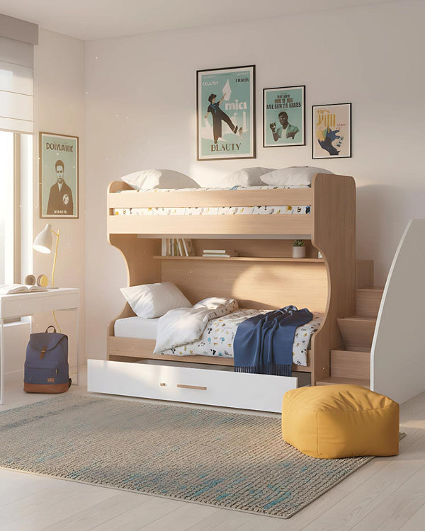 Letto a castello attrezzato Thiago - Letto salvaspazio moderno per cameretta - Struttura virginia o betulla - Doppio letto e cassettone inclusi - Reti a doghe incluse - Scala contenitore e pedana contenitore opzionali - doomostore