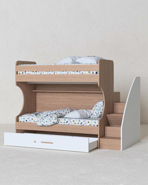 Letto a castello attrezzato Thiago - Letto salvaspazio moderno per cameretta - Struttura virginia o betulla - Doppio letto e cassettone inclusi - Reti a doghe incluse - Scala contenitore e pedana contenitore opzionali - doomostore