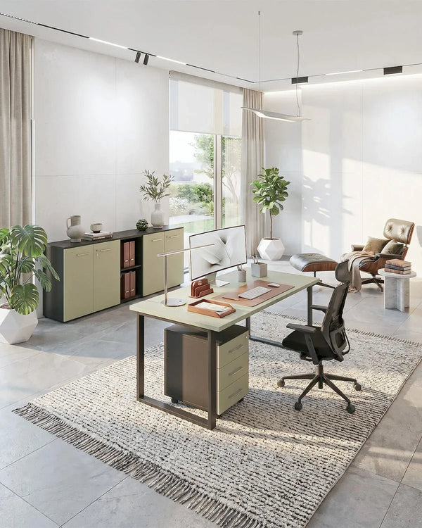 Ufficio Completo VERTA - Ufficio con Scrivania, Cassettiera e Mobile Contenitore – Antracite/Oliva – Set Arredo Ufficio Design Minimal - doomostore