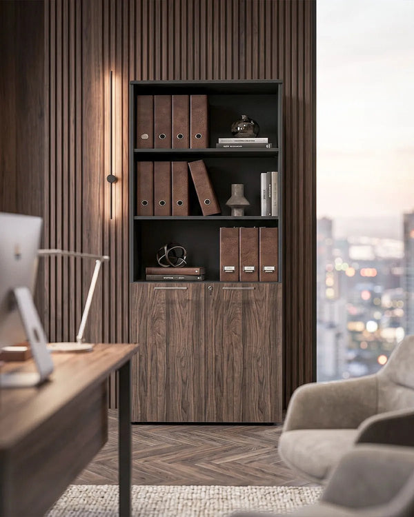 Ufficio Completo EXECUTIVE WOOD - Ufficio con Scrivania, Mobili Contenitore – Antracite/Noce – Set Arredo Ufficio Elegante - doomostore