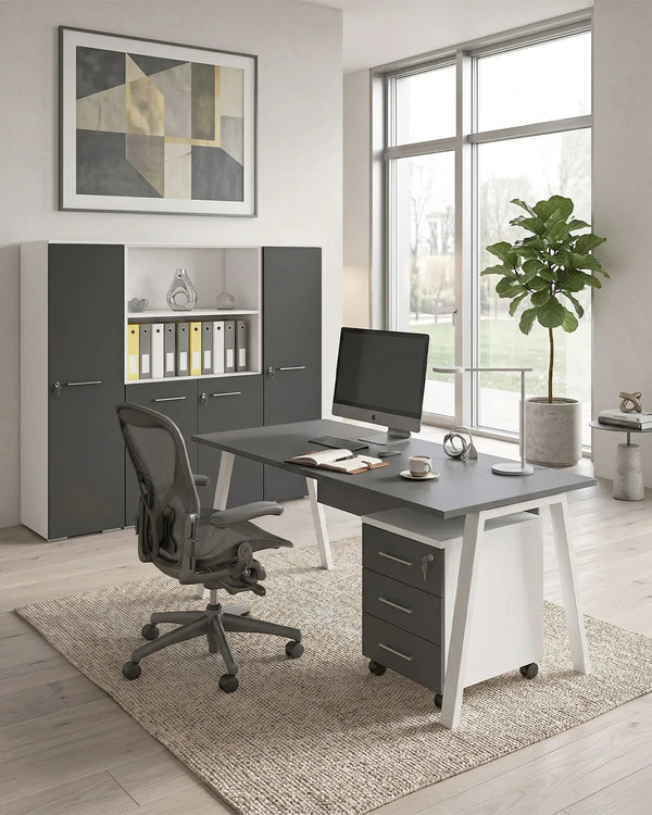 Ufficio Completo WORKLINE - Ufficio con Scrivania, Cassettiera e Mobile Contenitore – Antracite/Oliva – Set Arredo Ufficio Design Minimal - doomostore