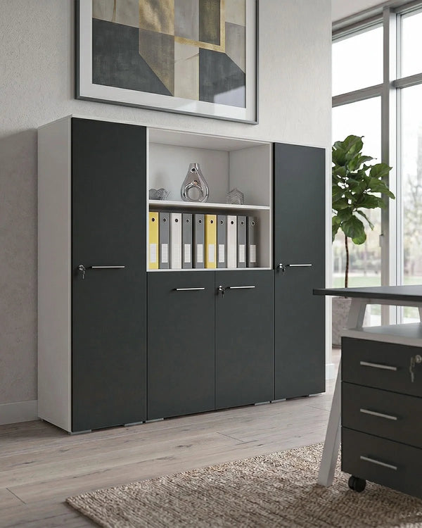 Ufficio Completo WORKLINE - Ufficio con Scrivania, Cassettiera e Mobile Contenitore – Antracite/Oliva – Set Arredo Ufficio Design Minimal - doomostore