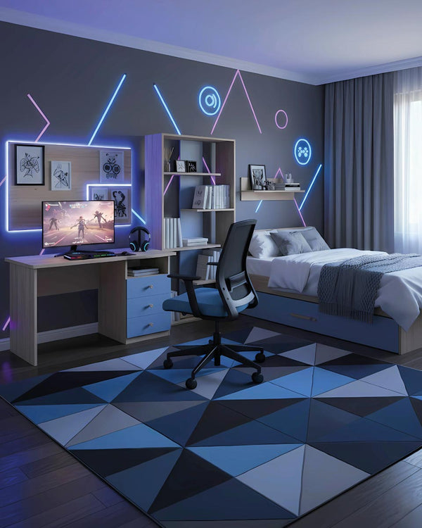 Cameretta Completa Venom Avio - Virginia/avio per ragazzi e bambini - Scrittoio Genius Dx - Letto Jonny con letto estraibile - Libreria Ardela - doomostore