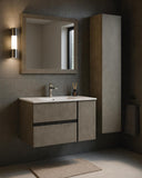 Mobile bagno Vero - Mobile 90 cm con pensile H135 - Nobilitato melaminico beton cenere - 2 cassetti e 1 anta soft - close - Lavabo ceramica e specchio inclusi - Pensile con ripiani regolabili - doomostore