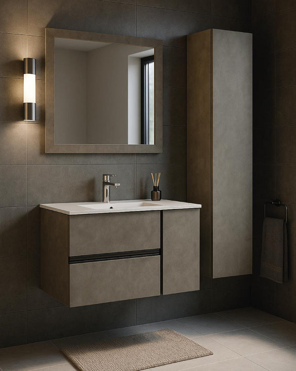 Mobile bagno Vero - Mobile 90 cm con pensile H135 - Nobilitato melaminico beton cenere - 2 cassetti e 1 anta soft - close - Lavabo ceramica e specchio inclusi - Pensile con ripiani regolabili - doomostore