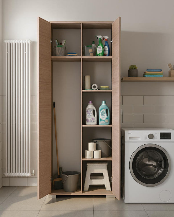 Armadio multiuso Sonia 2 ante - Mobile portascopa salvaspazio - 6 ripiani interni e un vano portascope - Colore virginia - 75x180x35 cm - doomostore