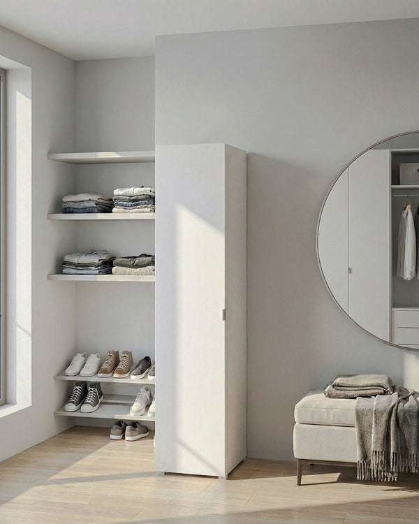 Armadio Banyan - Guardaroba moderno - 1 anta - Struttura bianca - 1 ripiano incluso - 40 x 52 x 177 cm - doomostore