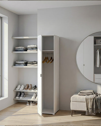 Armadio Banyan - Guardaroba moderno - 1 anta - Struttura bianca - 1 ripiano incluso - 40 x 52 x 177 cm