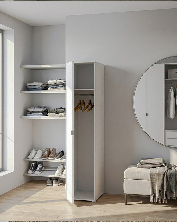 Armadio Banyan - Guardaroba moderno - 1 anta - Struttura bianca - 1 ripiano incluso - 40 x 52 x 177 cm - doomostore