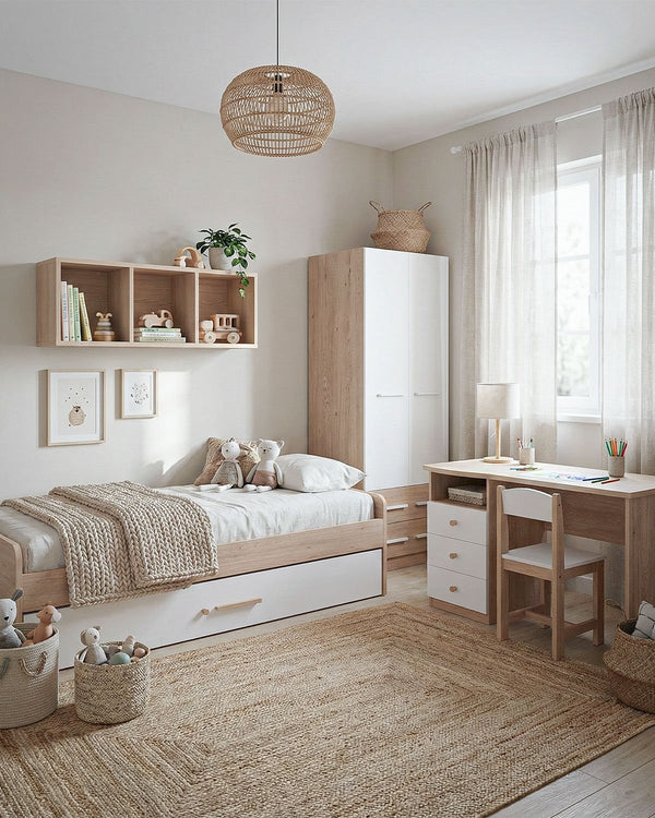 Cameretta Completa Woody - Virginia/Bianco per ragazzi e bambini - Scrittoio Genius Sx - Letto Jonny con letto estraibile - Armadio Ethan - Mensola Norema - doomostore