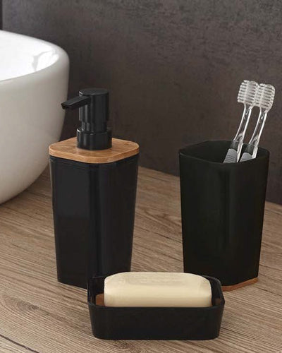 Set in Plastica Nero BAMBOO 3 pz: dispenser, portaspazzolino e portasapone in diverse colorazioni
