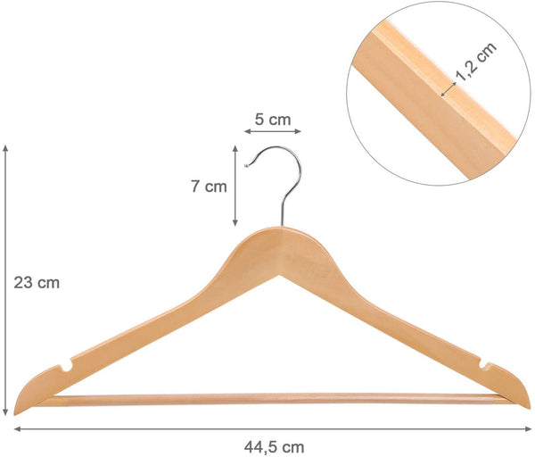 Set di 8 Grucce in Legno Massello, con Barra Appendiabiti Antiscivolo, Scanalature per Spalline, Gancio Girevole a 360°, per Cappotti Completi Gonne Camicie Pantaloni, Naturale - doomostore