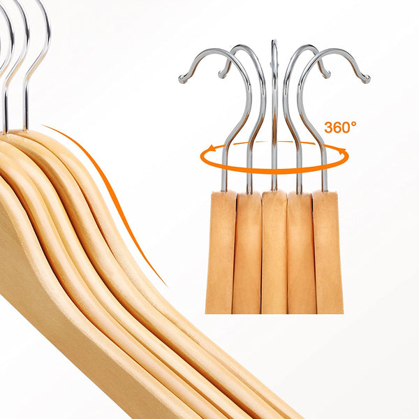 Set di 8 Grucce in Legno Massello, con Barra Appendiabiti Antiscivolo, Scanalature per Spalline, Gancio Girevole a 360°, per Cappotti Completi Gonne Camicie Pantaloni, Naturale - doomostore