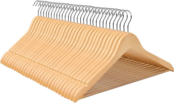 Set di 8 Grucce in Legno Massello, con Barra Appendiabiti Antiscivolo, Scanalature per Spalline, Gancio Girevole a 360°, per Cappotti Completi Gonne Camicie Pantaloni, Naturale - doomostore