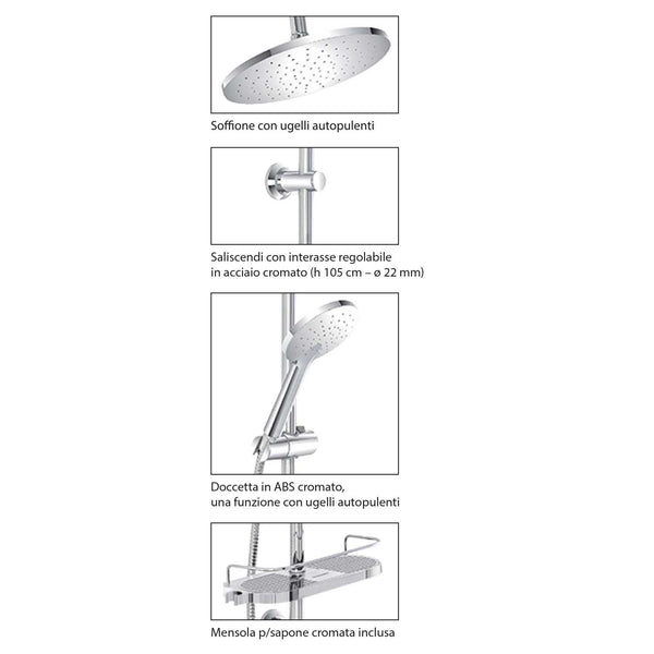 colonna doccia in acciaio cromato con soffione e doccetta H.105 Cm - doomostore