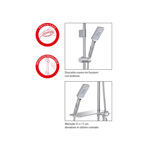 colonna doccia quadrata acciaio cromo con doccetta 3 funzioni e flessibile doccia - doomostore
