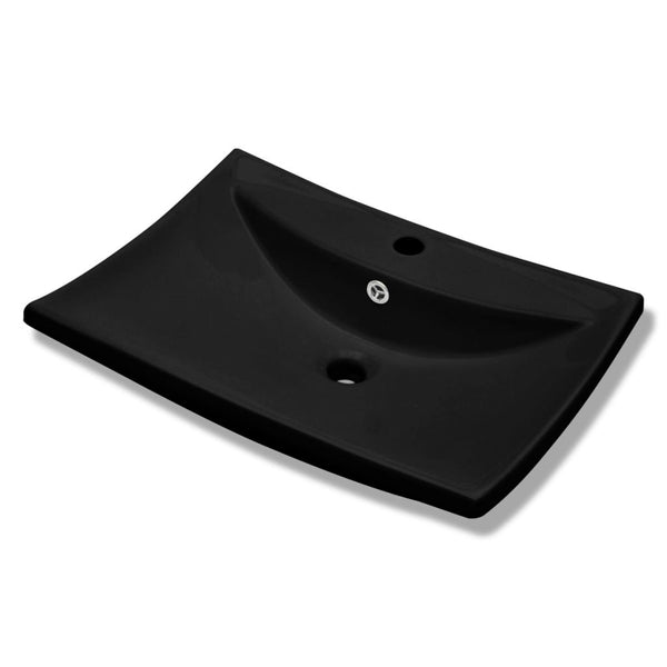 Lavabo Nero Ceramica Lusso Rettangolare Foro Trabocco Foro Rubinetto - doomostore
