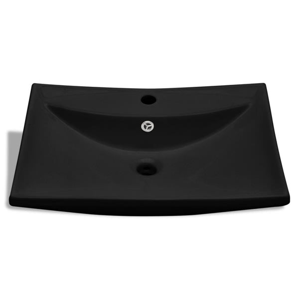 Lavabo Nero Ceramica Lusso Rettangolare Foro Trabocco Foro Rubinetto - doomostore