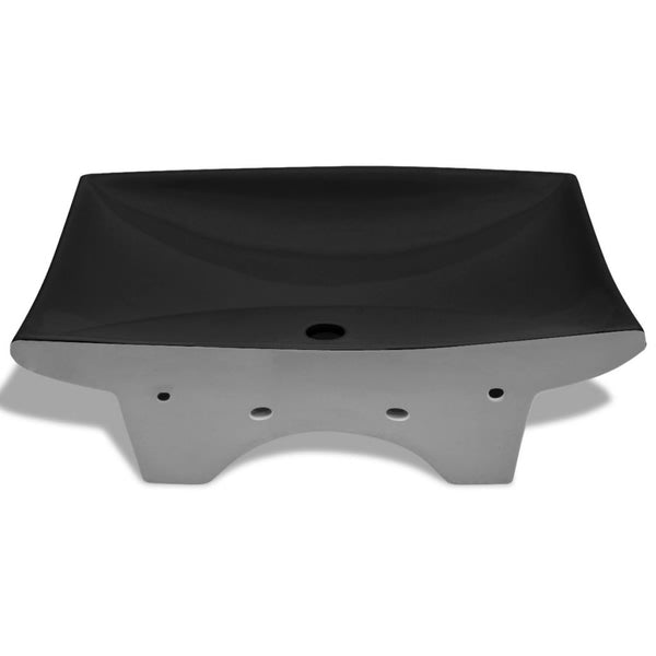 Lavabo Nero Ceramica Lusso Rettangolare Foro Trabocco Foro Rubinetto - doomostore