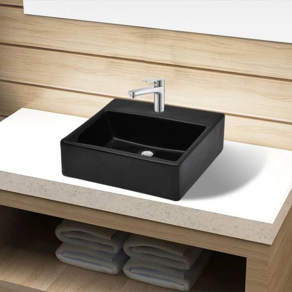 Lavandino Bagno in Ceramica Nera Quadrato con Foro per Rubinetto - doomostore
