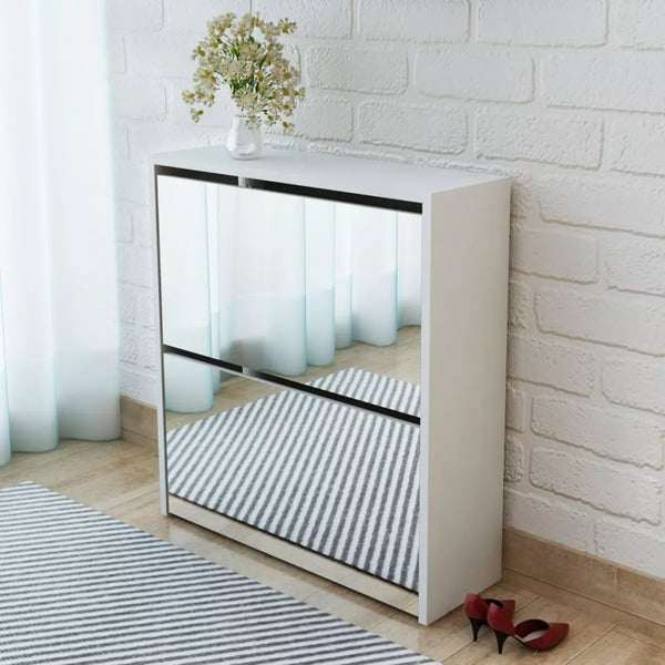 Scarpiera a 2 Strati con Specchio Bianca 63x17x67 cm - doomostore