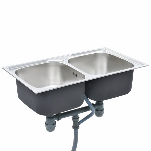 Lavello da Cucina Doppio con Filtro e Sifone in Acciaio Inox - doomostore