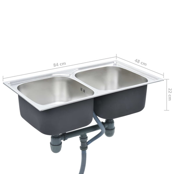 Lavello da Cucina Doppio con Filtro e Sifone in Acciaio Inox - doomostore