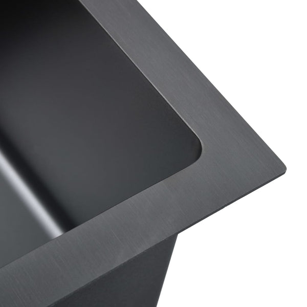 Lavello Cucina Lavorato a Mano Foro Rubinetto Nero Acciaio Inox - doomostore