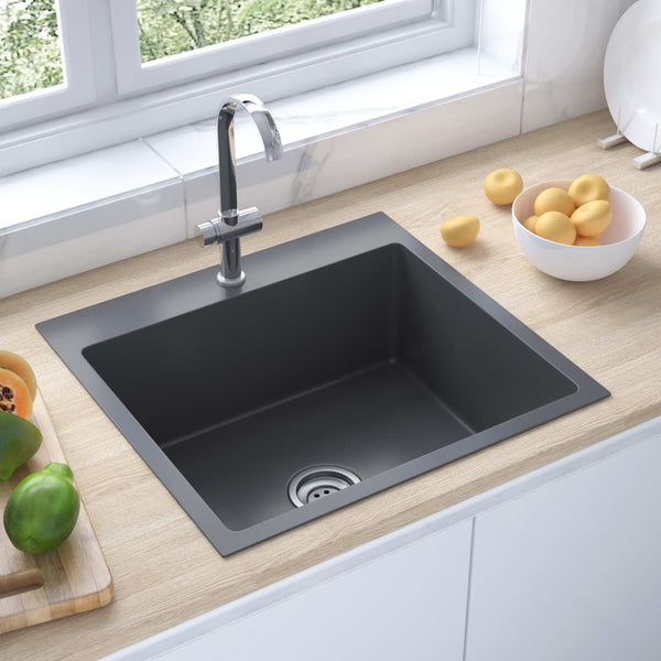 Lavello Cucina Lavorato a Mano Foro Rubinetto Nero Acciaio Inox - doomostore