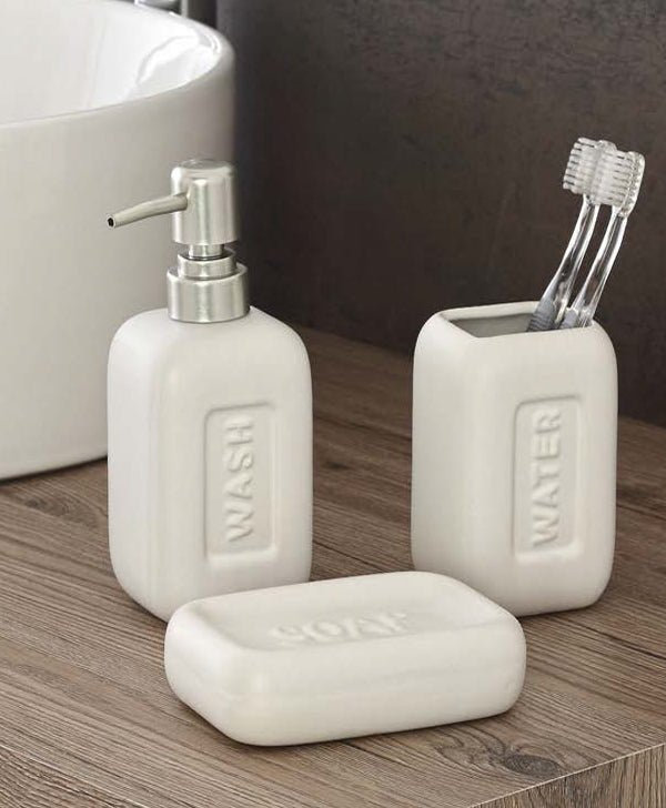 Set in ceramica 3 pz: dispenser, portaspazzolino e portasapone in diverse colorazioni - doomostore